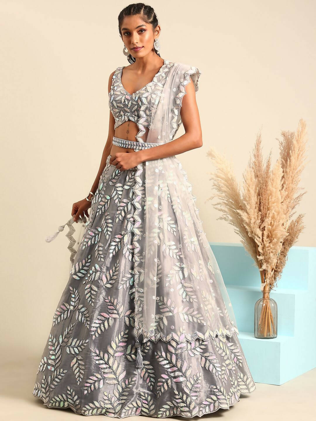 House of Panchhi Grey Organza Sequins & Zarkan embroidery Lehenga choli & Dupatta | Swadesiicart
