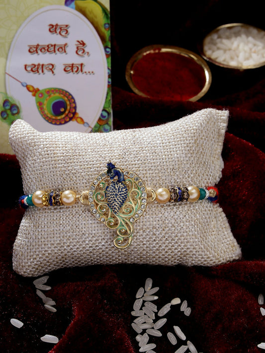 NVR Men Gold-Toned Peacock Design Stone-Studdded Rakhi With Roli Chawal | Swadesiicart