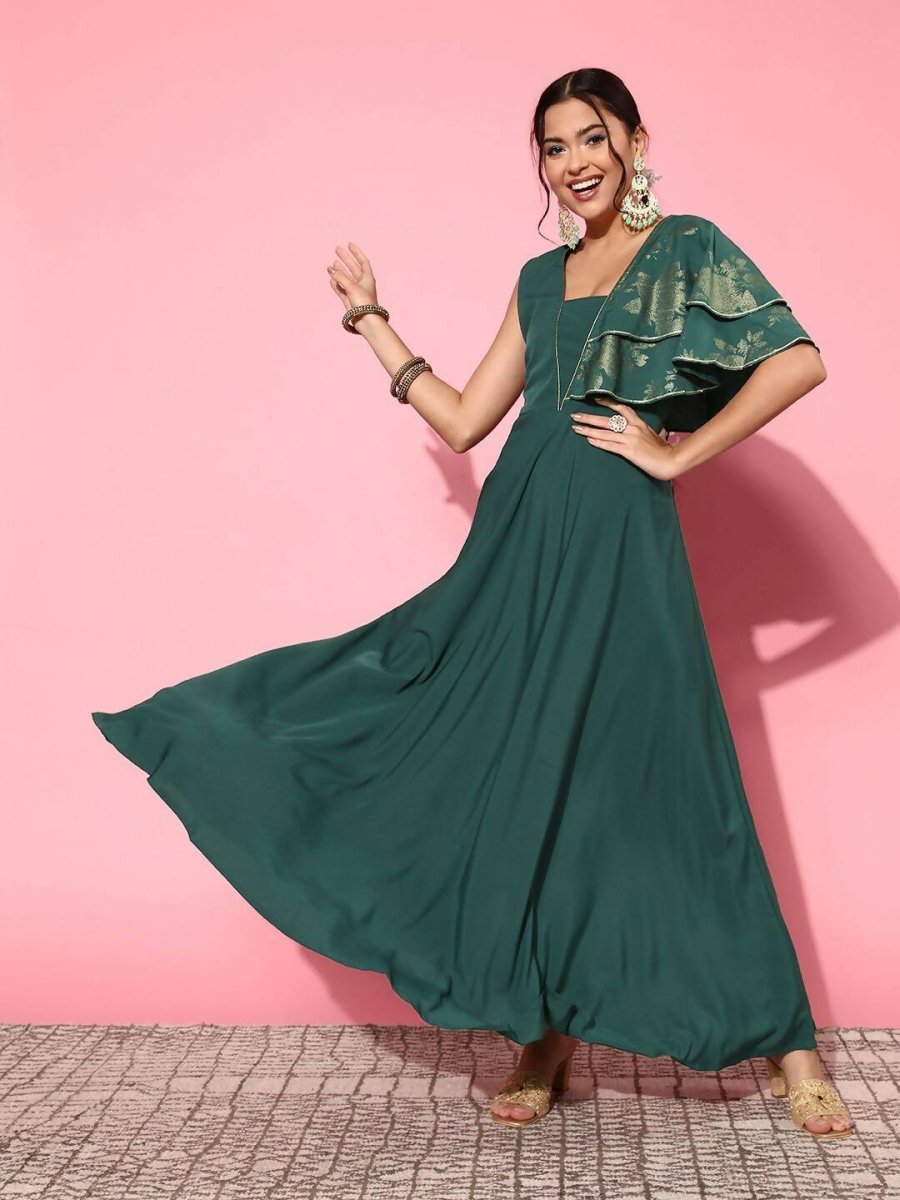 Ahalyaa Gorgeous Green Ethnic Motifs Ruffled Dress | Swadesiicart