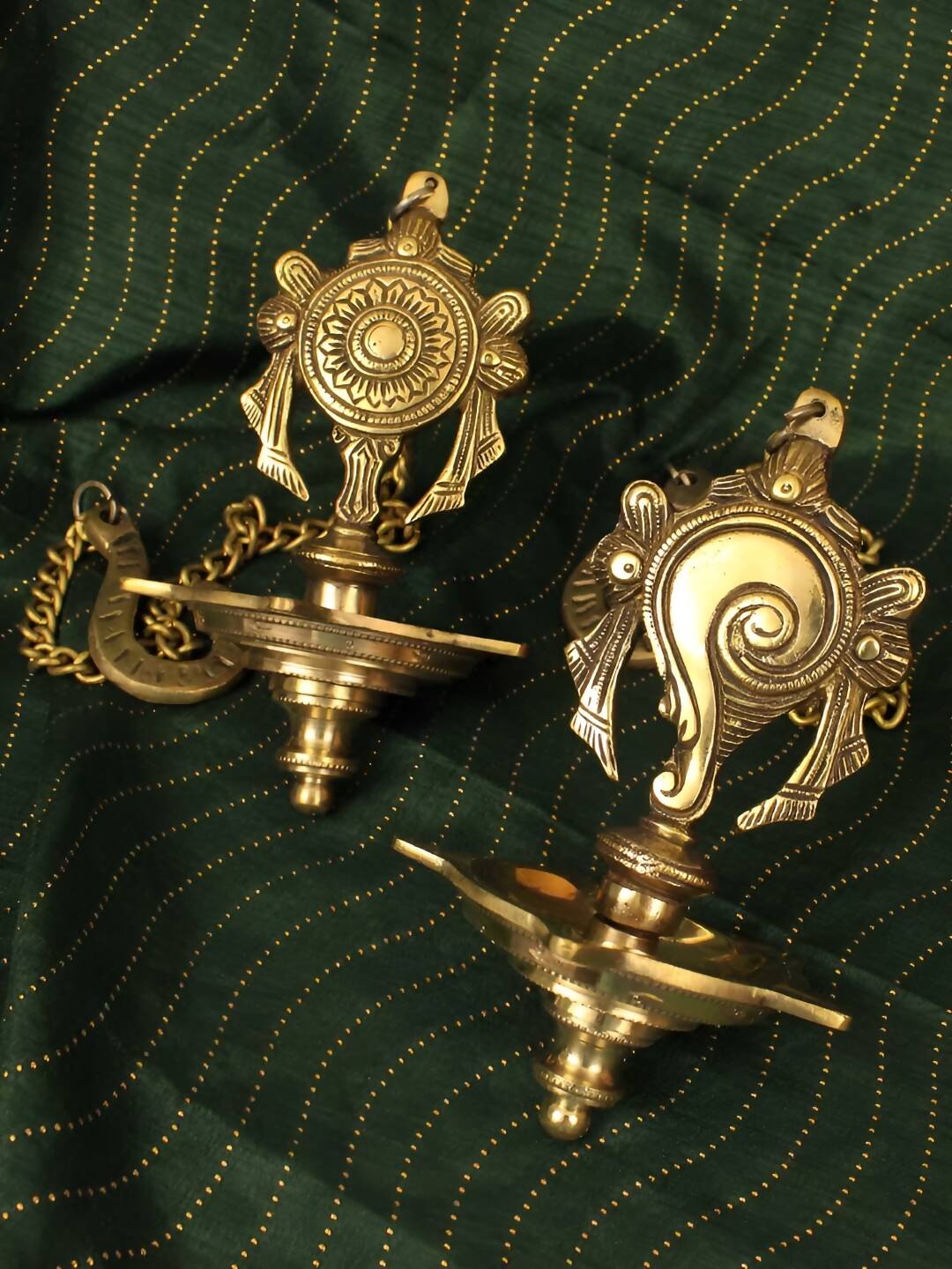 Spillbox Gold-Toned 2 Pieces Brass Shangu Chakra Diyas Wall Hanging Pooja Essentials | Swadesiicart