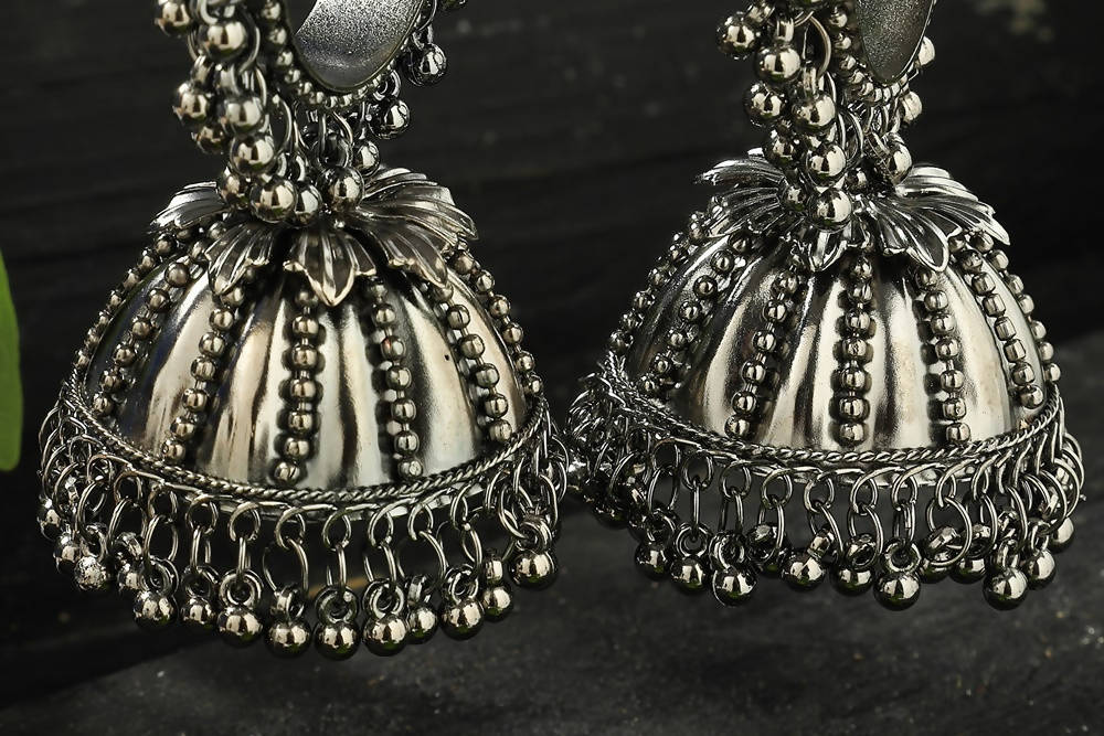 Mominos Fashion Johar Kamal Oxidised Silver-Plated With Ghungroo Jhumkas - Swadesiicart