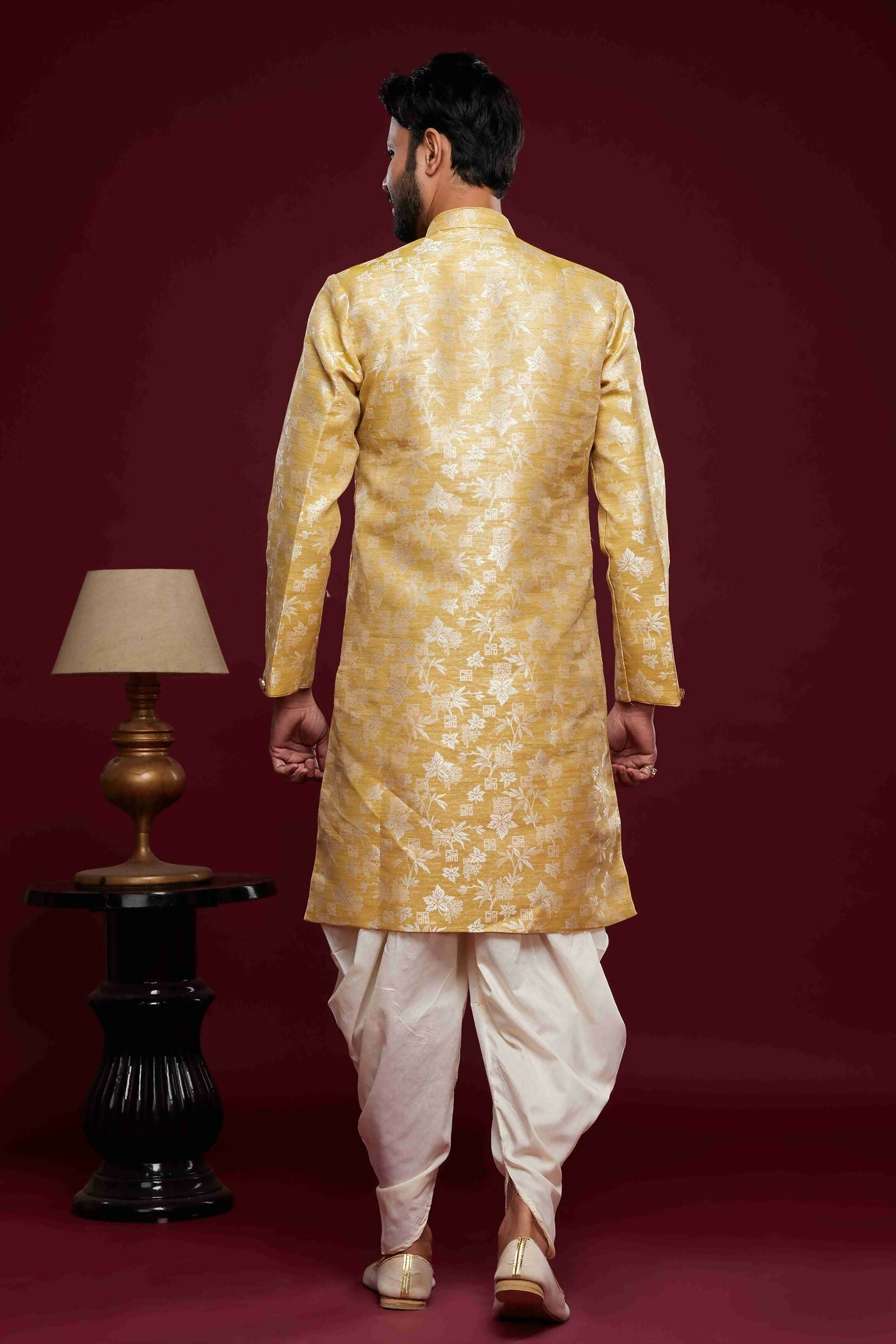 Raivat Ethnic Banarasi Jacquard Embroidery Semi Indo Western Sherwani In Cream Beige Colour | Swadesiicart