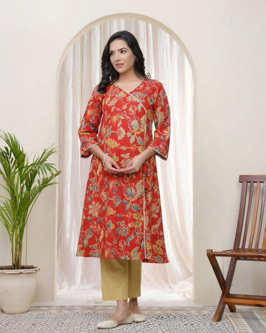 Vaasva Women Red Cotton Angrakha Kurta With Pant | Swadesiicart