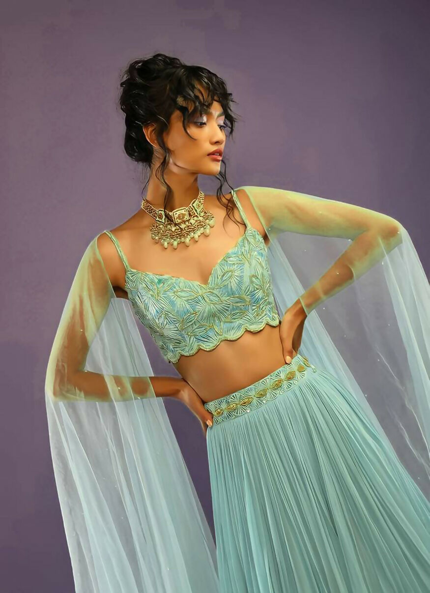 Jyoti Fashion Glamorous Turquoise Crush Work, Sequins, Zari with Dori Embroidered Faux Georgette Lehenga Choli with Dupatta | Swadesiicart