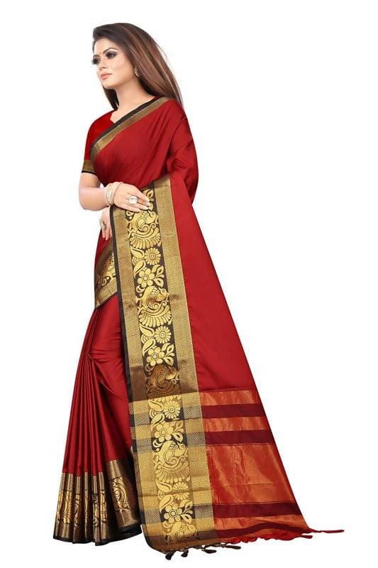 Vamika Banarasi Cotton Silk Weaving Red Saree (DOCTOR MOR RED) | Swadesiicart