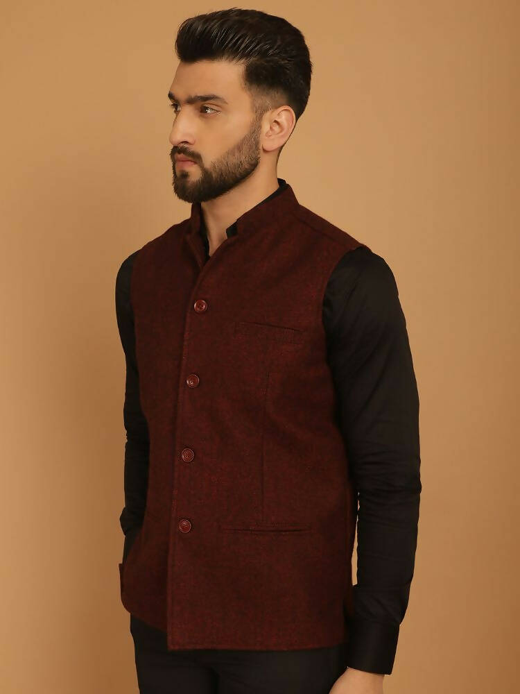 Even Apparels Pure Wool Nehru Jacket - Maroon | Swadesiicart