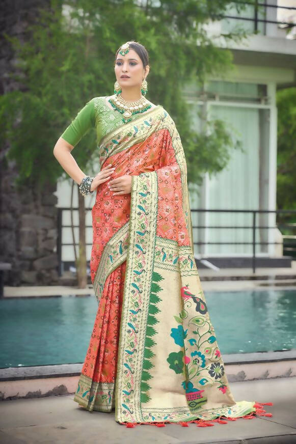 Vishnu Weaves Women's Orange Paithani Patola Silk Zari Woven Saree with Unstitched Blouse - Swadesiicart