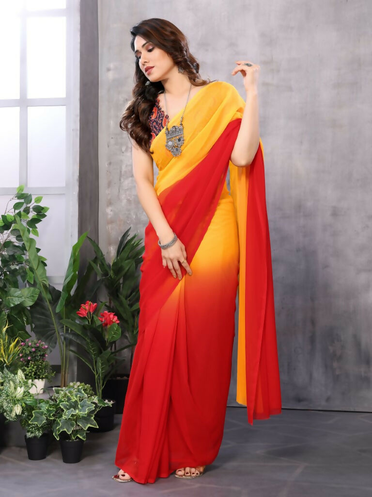 Partywear Designer Yellow & Red Georgette Fancy Saree - Satrangi | Swadesiicart