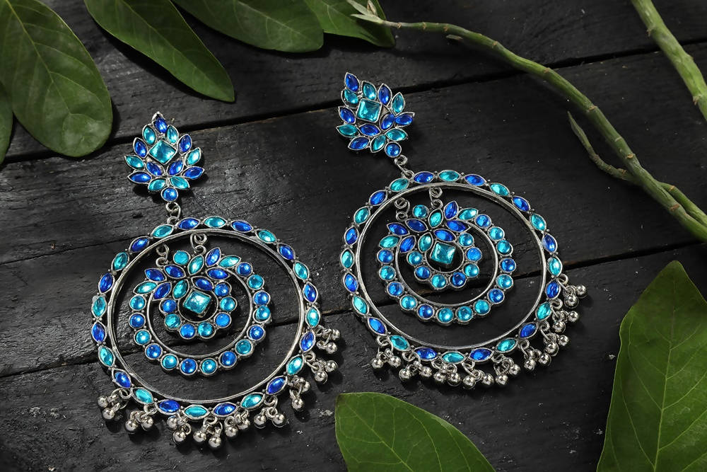 Mominos Fashion Johar Kamal Women's Blue Kundan Circles Earrings - Swadesiicart