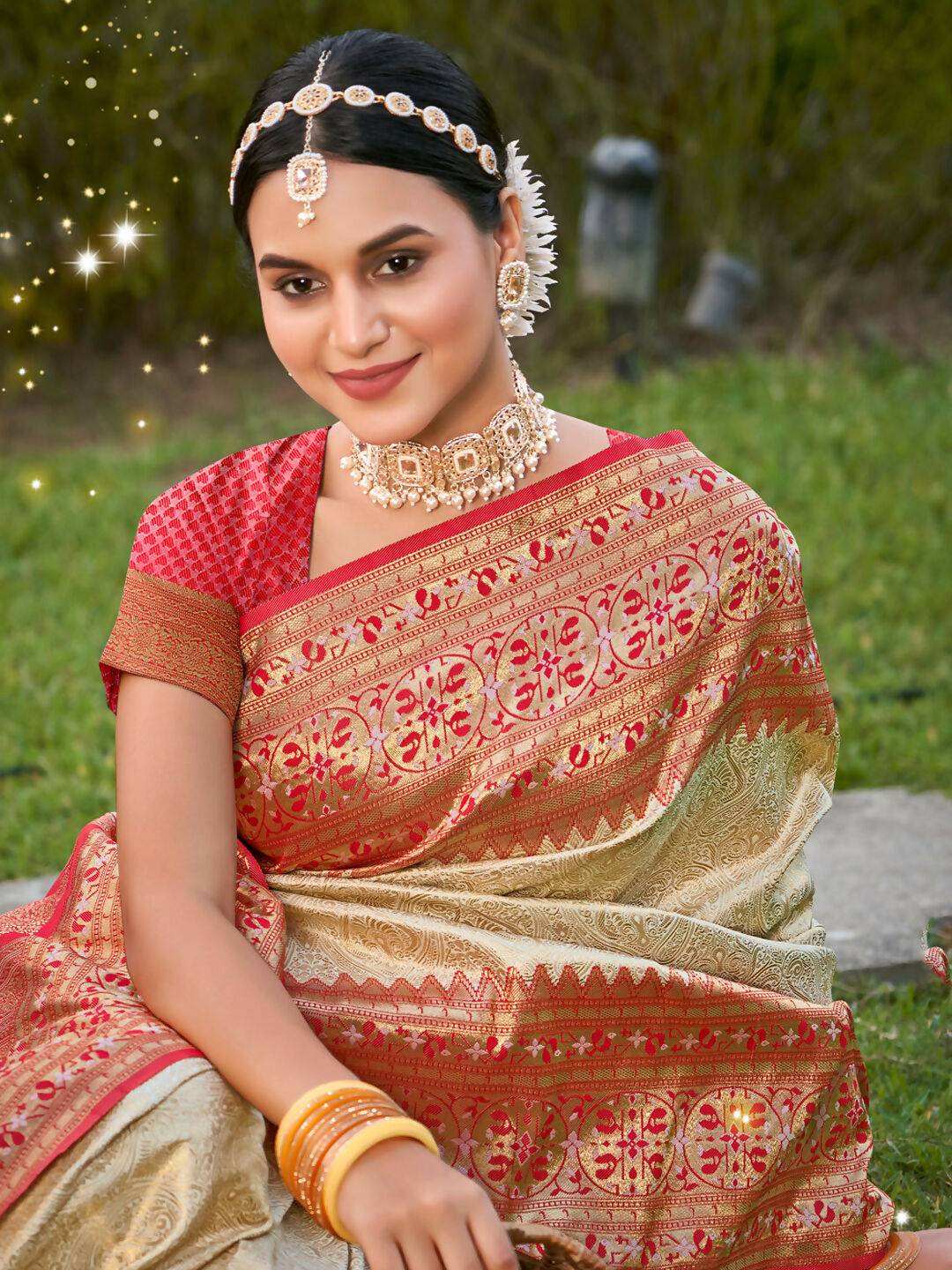 Astita Banarasi Silk White Saree | Swadesiicart