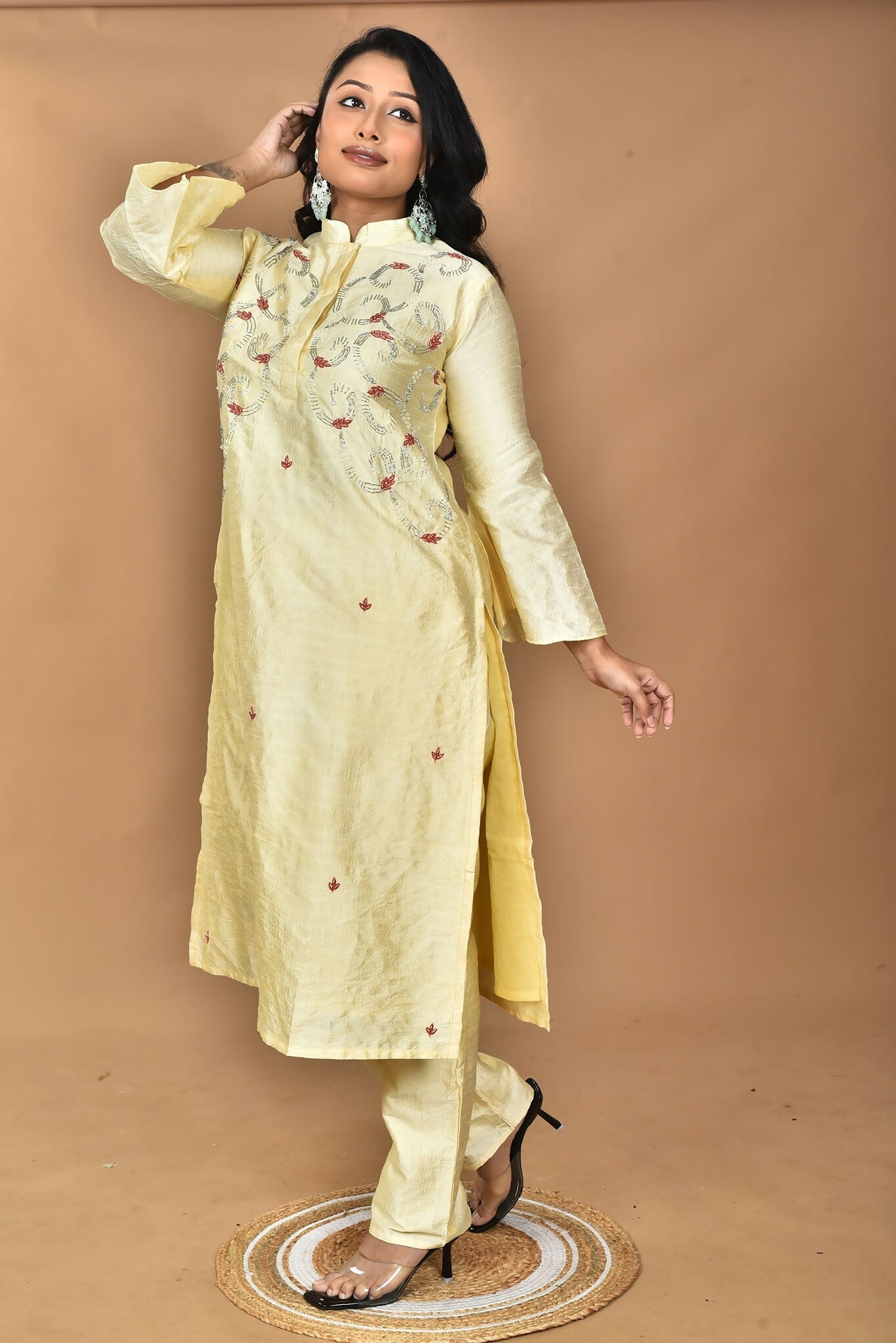 Morchari Women And Hand Embroidery Co-Ord Set-Lemon- Yellow - Swadesiicart