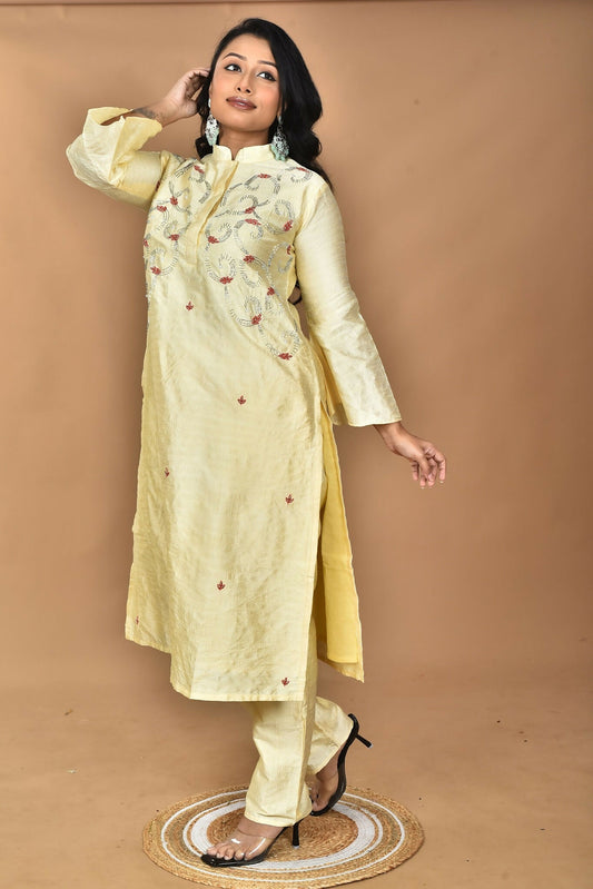 Morchari Women And Hand Embroidery Co-Ord Set-Lemon- Yellow - Swadesiicart