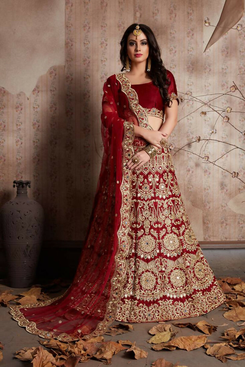 Jyoti Fashion Mesmerizing Red Sequins Embroidered Velvet Lehenga Choli with Dupatta | Swadesiicart
