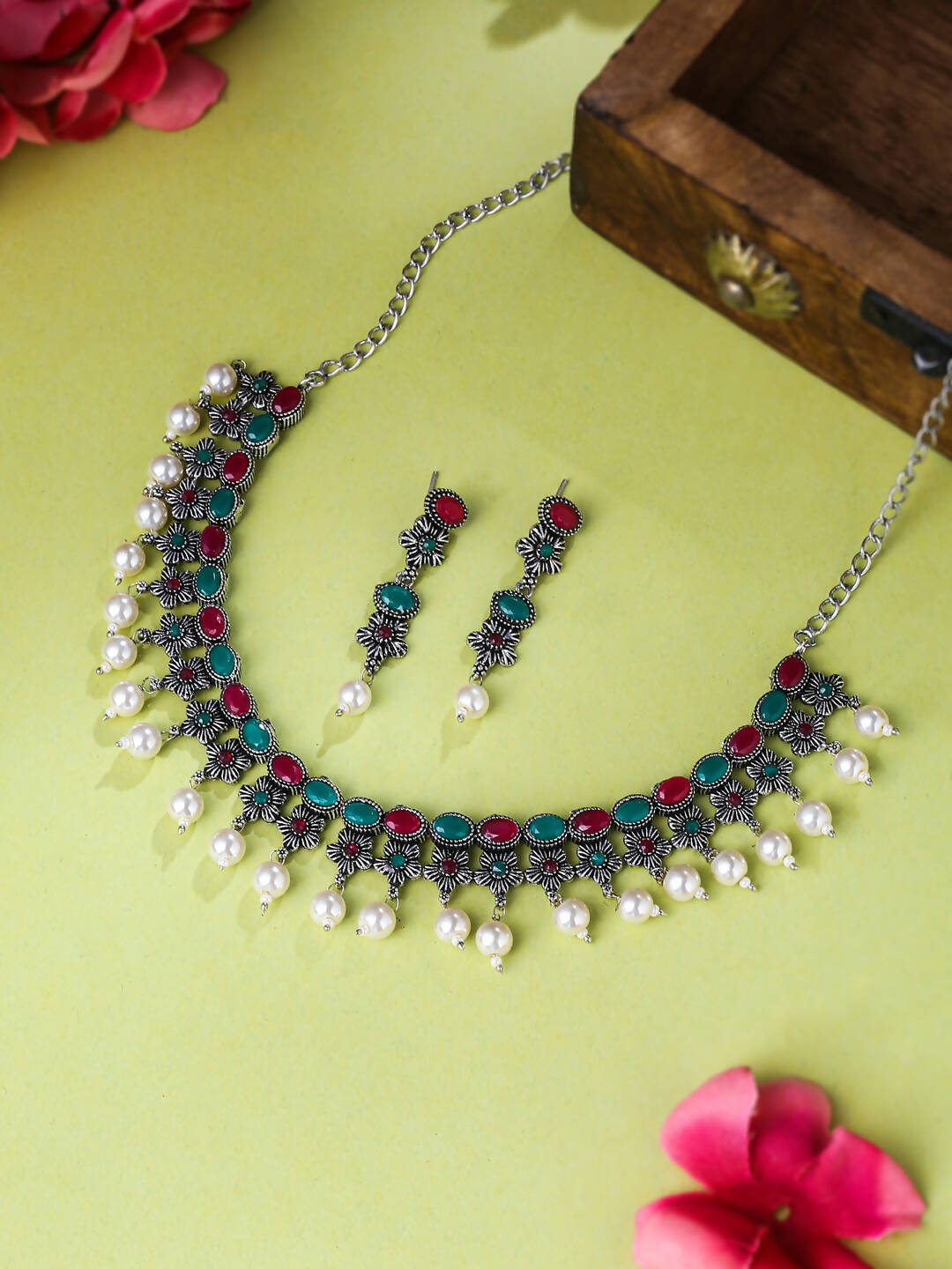 NVR Women Silver-Plated Stone Studded Oxidised Silver Jewellery Set - Swadesiicart