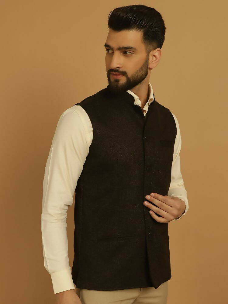 Even Apparels Pure Wool Nehru Jacket - Brown | Swadesiicart
