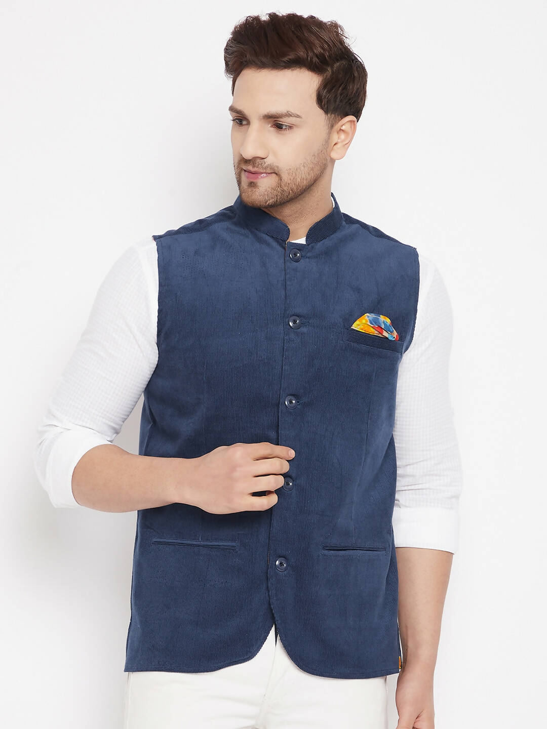 Even Apparels Blue Polyester Men's Nehru Jacket-Contrast Lining-Inbuilt Pocket Square | Swadesiicart
