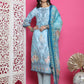 Jyoti Fashion Women's Turquoise Satin Traditional Digital Print with Crystal work Kurta with Trouser & Dupatta | Swadesiicart