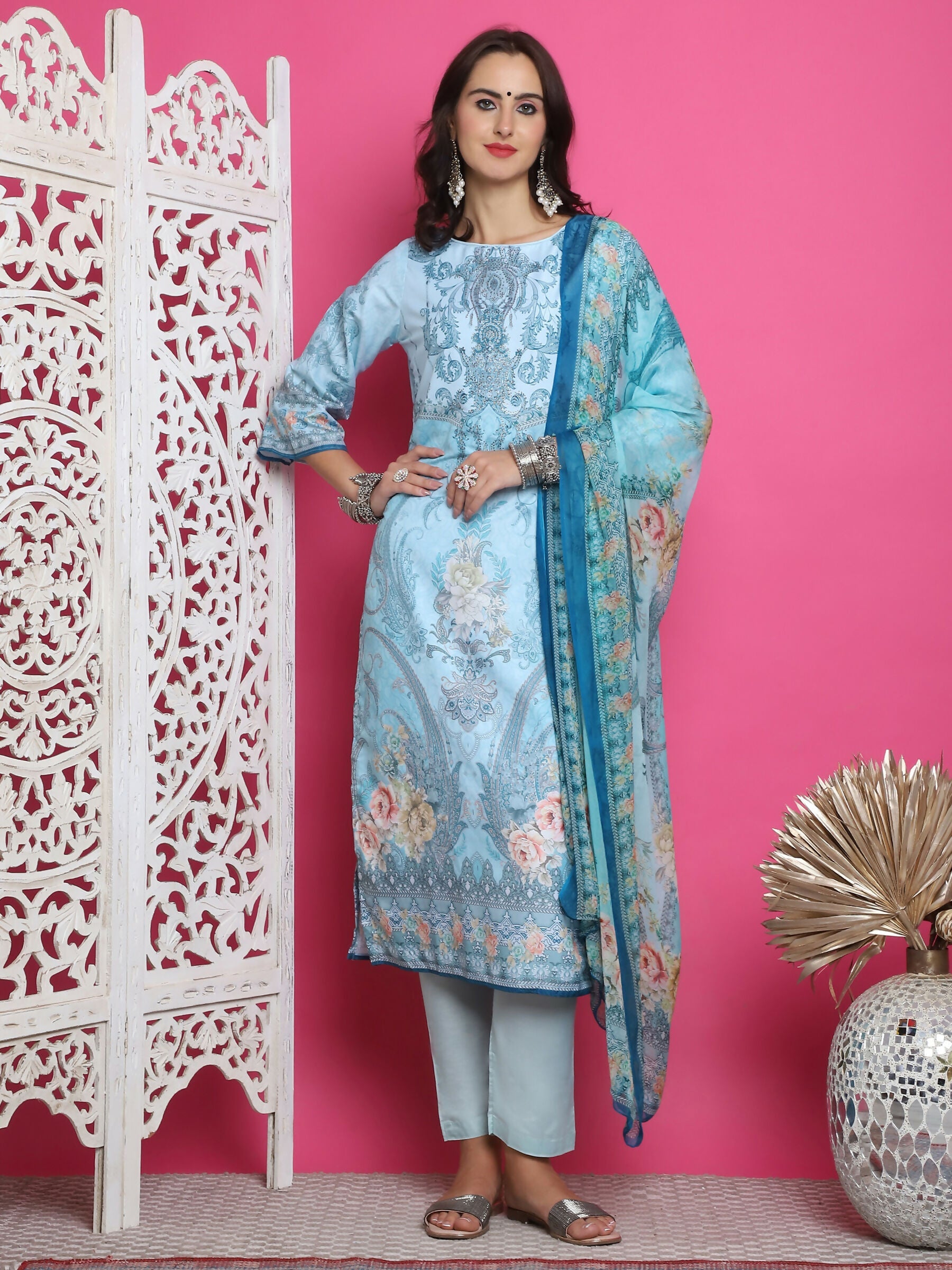 Jyoti Fashion Women's Turquoise Satin Traditional Digital Print with Crystal work Kurta with Trouser & Dupatta | Swadesiicart