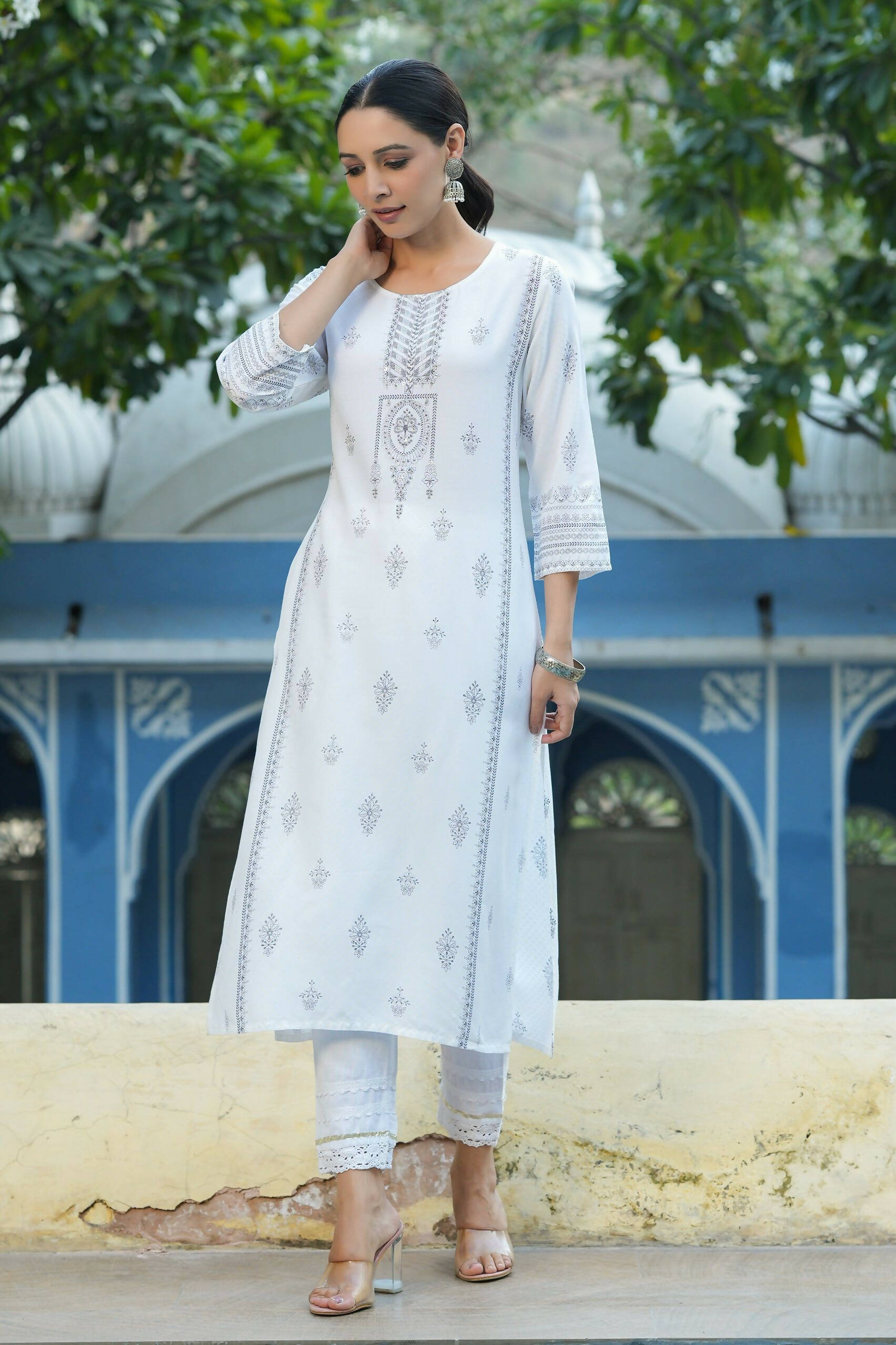 Juniper Women's White Rayon Placement Printed Straight Kurta | Swadesiicart