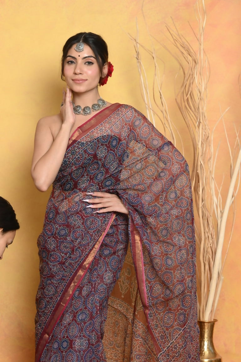 Very Much Indian Pure Kota Cotton Handblock Printed Saree - Grey | Swadesiicart