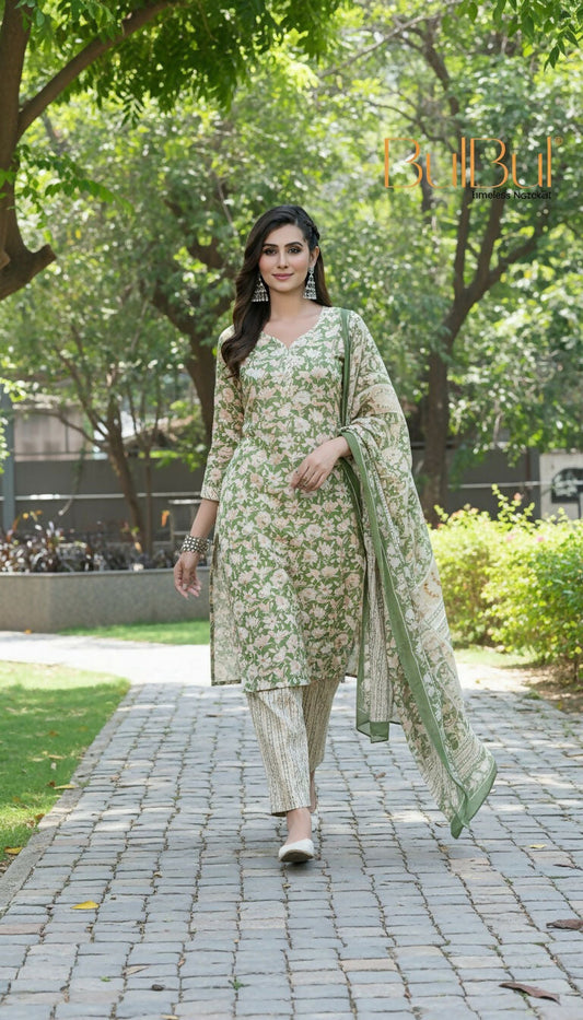 BulBul Fashionista Green Floral Cotton Kurta Set with Dupatta - Swadesiicart