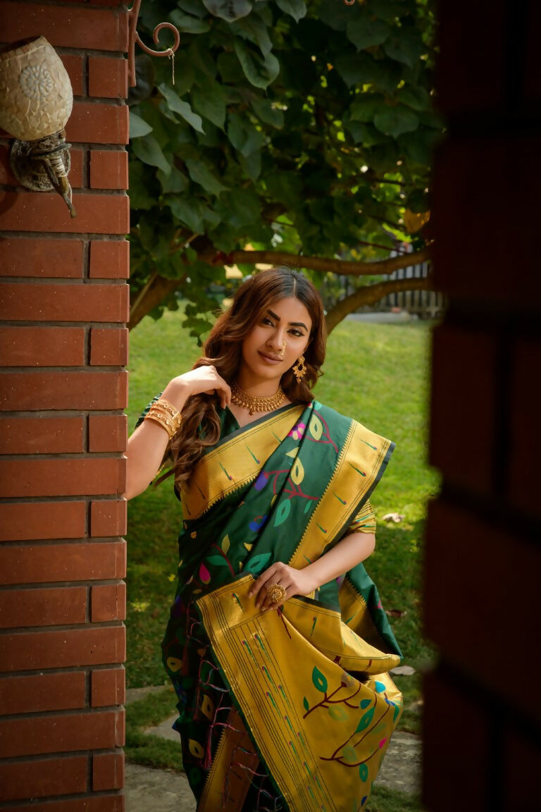 Jyoti Fashion Women's Bottle Green Paithani Silk Zari Woven Saree with Blouse | Swadesiicart