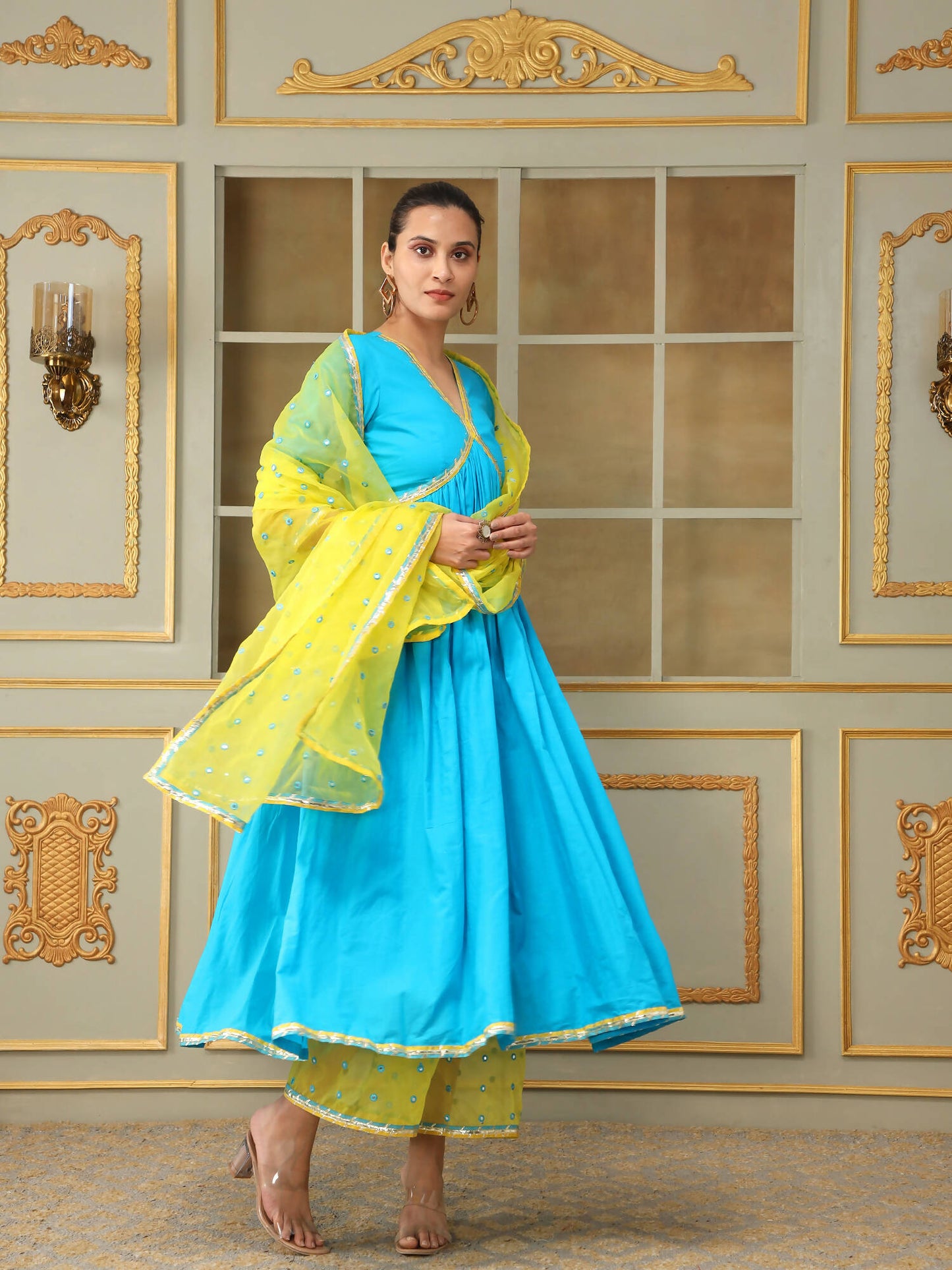Pomcha Jaipur Blue Saadgi Blue Mirror Work Anarkali Set | Swadesiicart