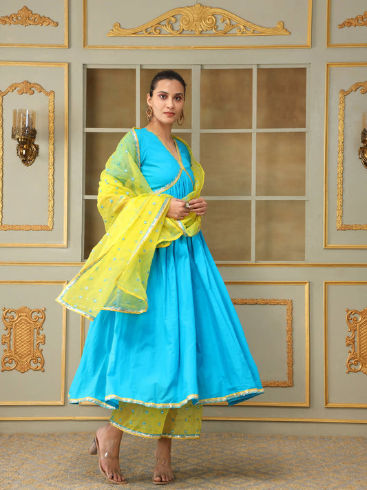 Pomcha Jaipur Blue Saadgi Blue Mirror Work Anarkali Set | Swadesiicart