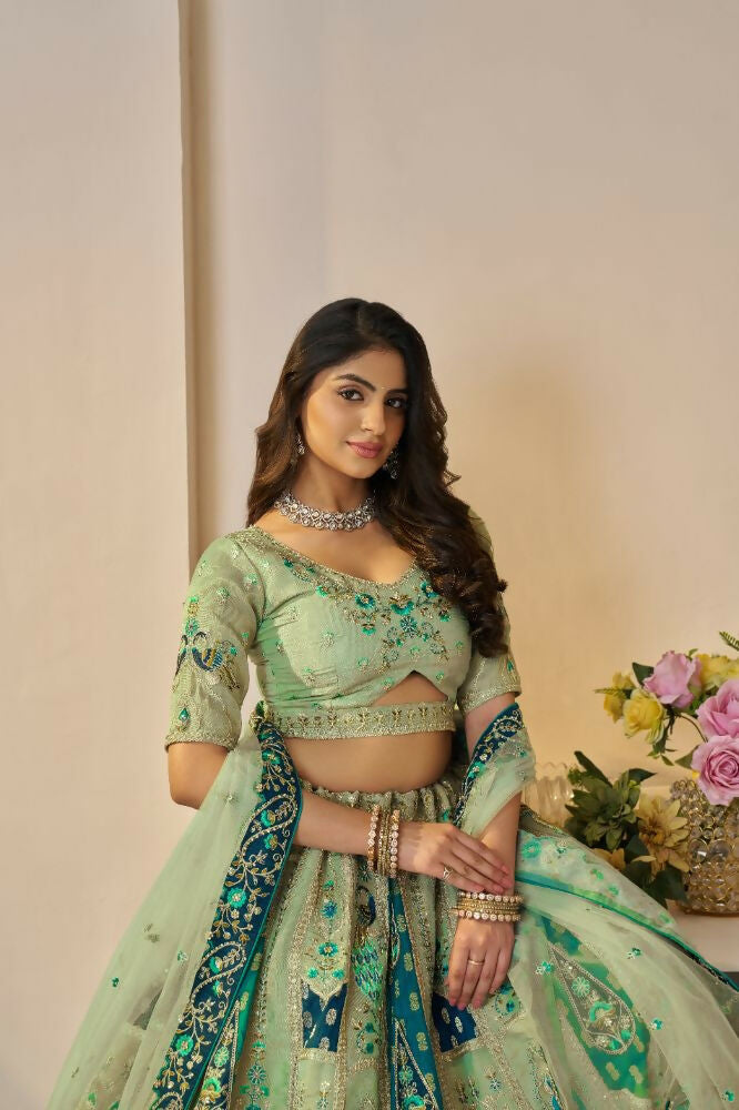 Kesar Fab Green Banarasi Silk Embroidered Lehenga | Swadesiicart