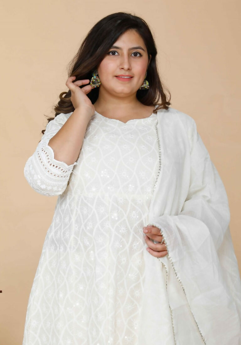 Miravan Women's Plus Size Beige Chikankari Thread Work Anarkali Kurta With Dupatta | Swadesiicart