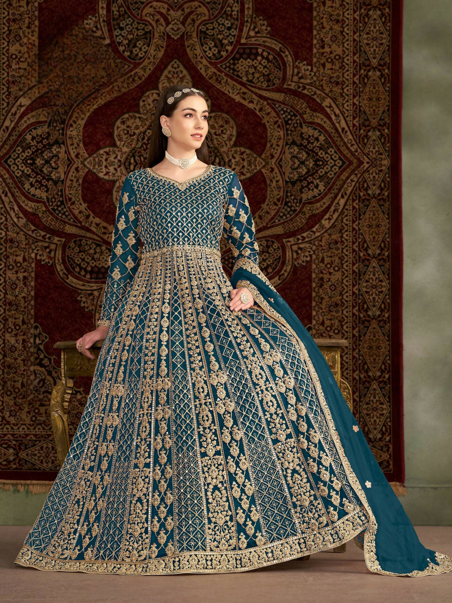 Anaita Teal Embroidered Net Anarkali Suit
