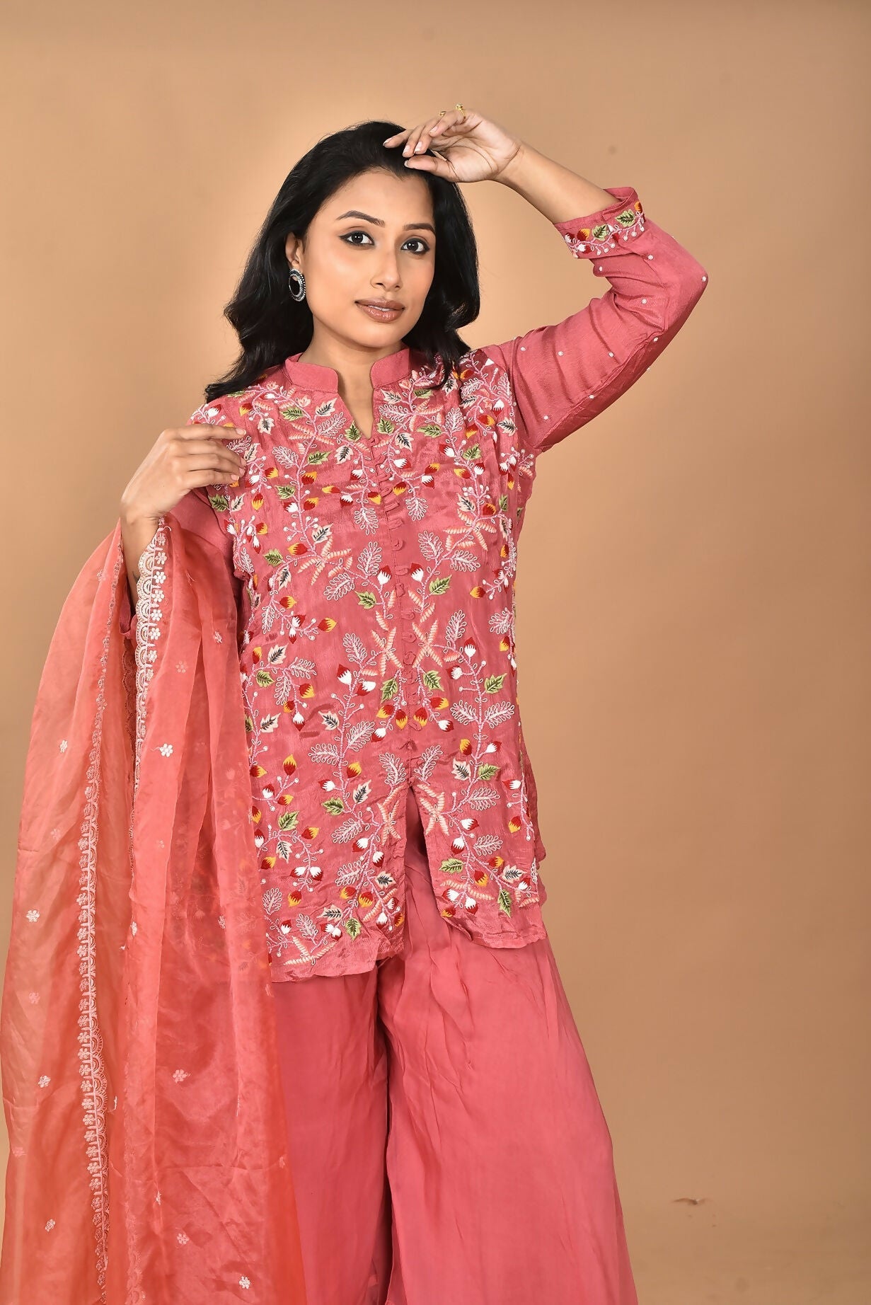 Morchari Women And Hand Embroidery Palazzo Set-Rust - Swadesiicart