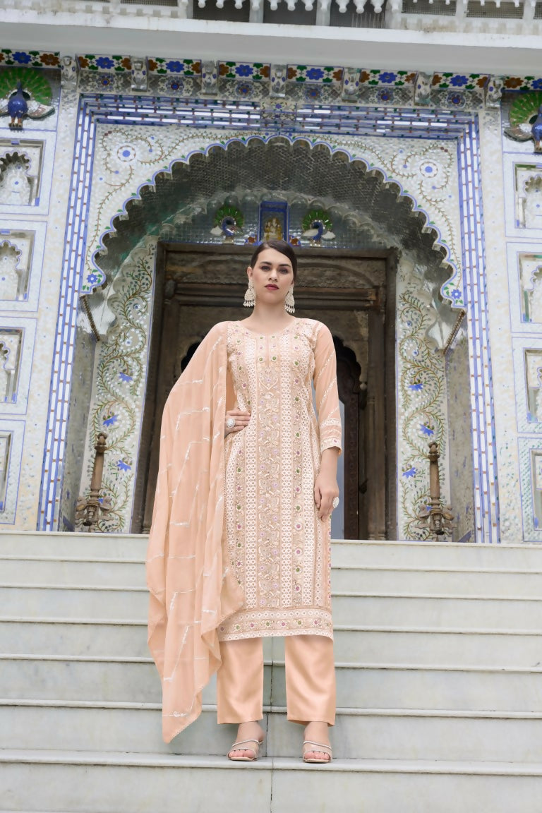 Jyoti Fashion Women's Peach Faux Georgette Heavy Embroidery and Moti Work Kurta Set | Swadesiicart