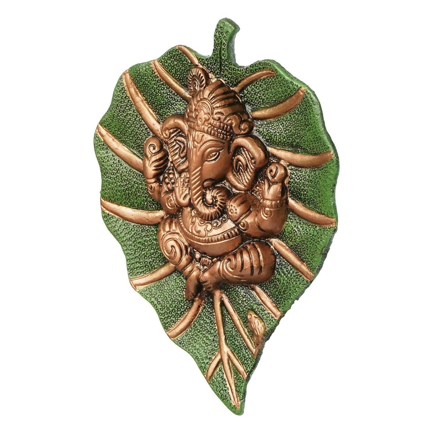 eCraftIndia Metal Golden Lord Ganesha On Green Leaf Wall Hanging Sculpture - Swadesiicart
