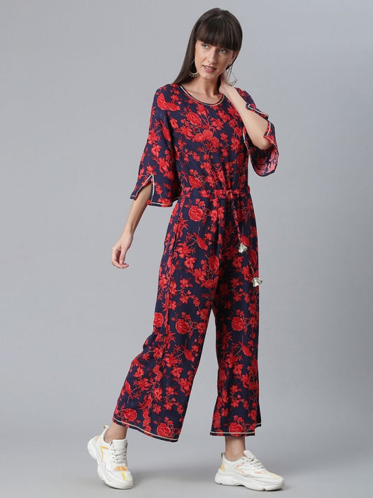 Ahalyaa Womens Navy & Red Rayon Printed Jumpsuit | Swadesiicart