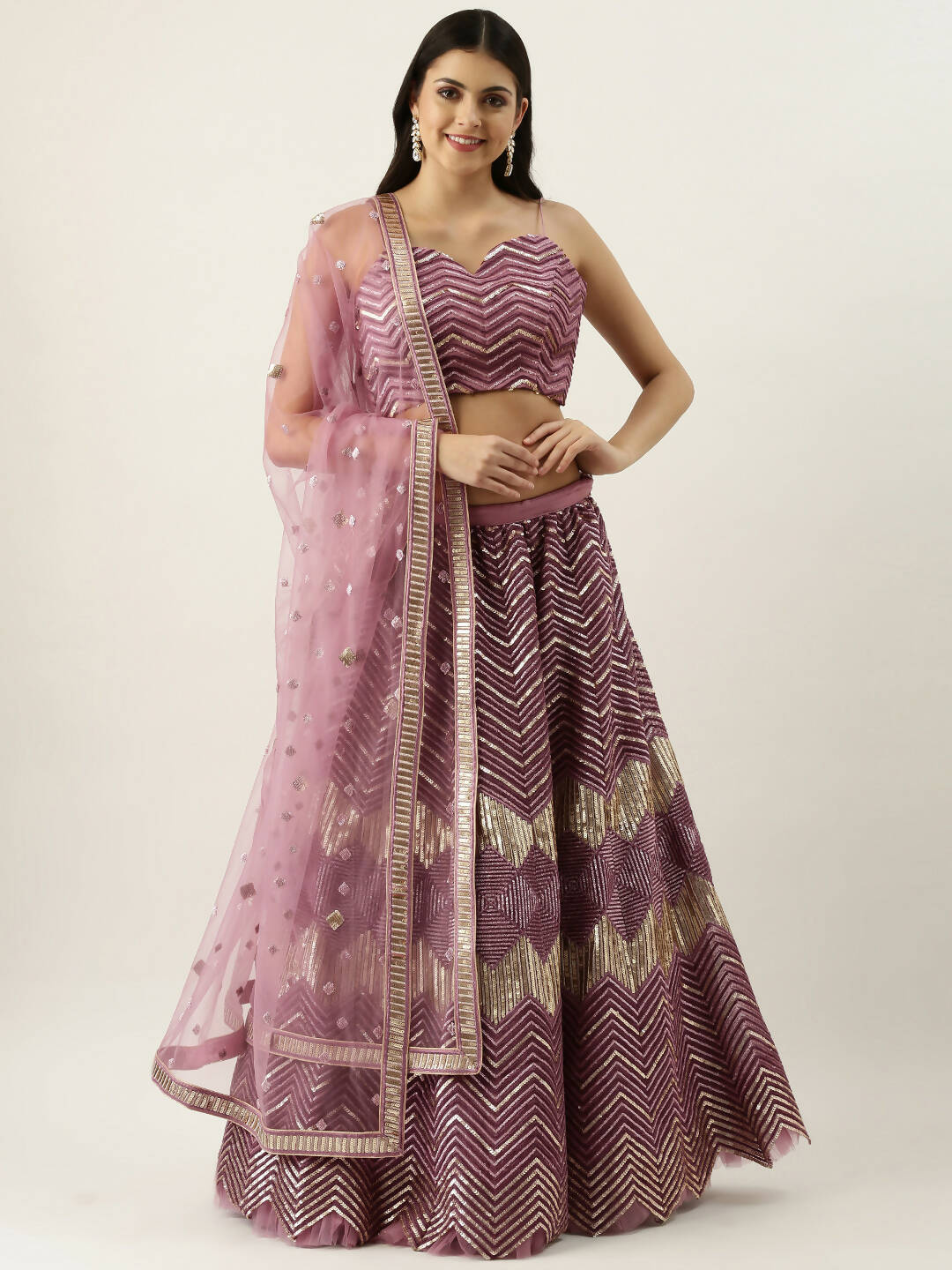 House of Panchhi Lavender - Net Embroidered Lehenga with Zig-Zag Pattern | Swadesiicart