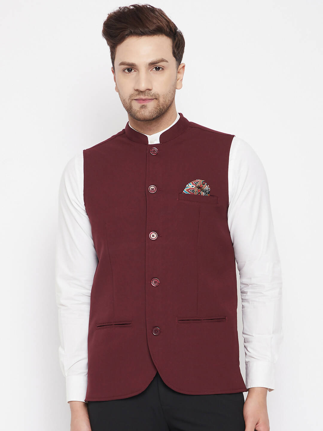 Even Apparels Maroon Merino Men's Nehru Jacket-Contrast Lining-Inbuilt Pocket Square | Swadesiicart