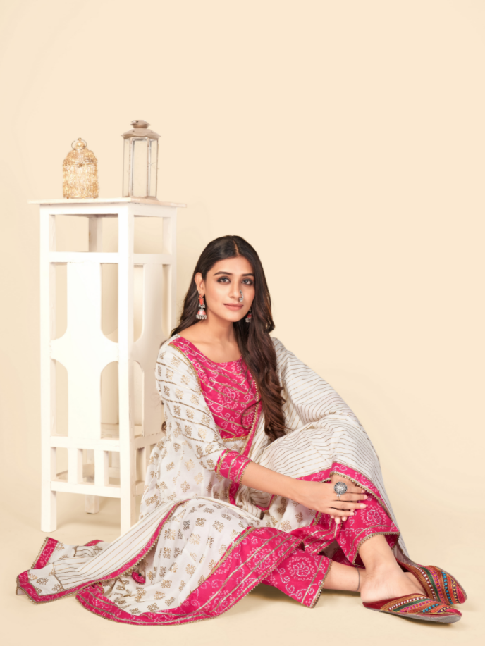 NOZ2TOZ Women's Pink & White Anarkali Kurta & Pant With Dupatta Set (3pcs Set) - Swadesiicart