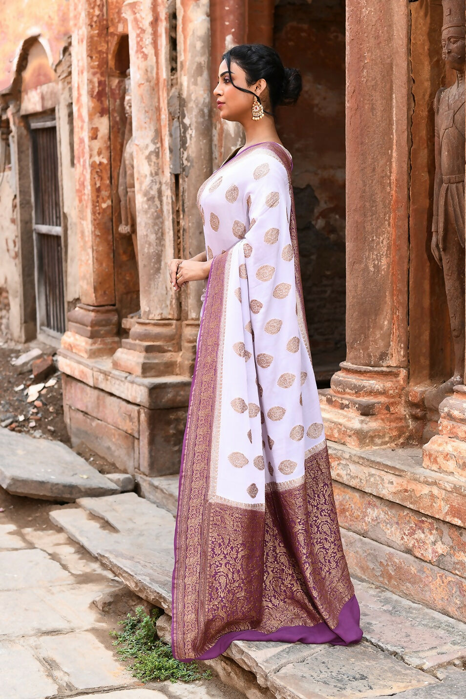 Joban Fashion Light Purple Crepe Chiffon Pure Handloom Banarasi Silk Saree | Swadesiicart