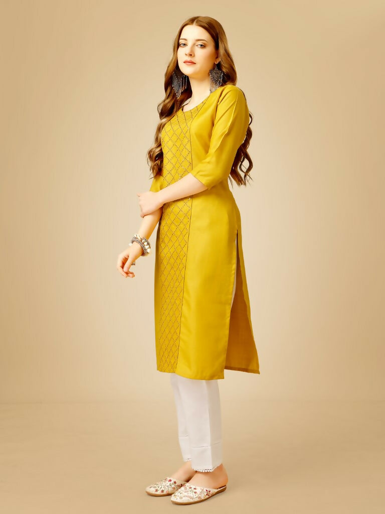 Jyoti Fashion Women's Yellow Cotton Blend Embroidered Kurta Pant Set | Swadesiicart
