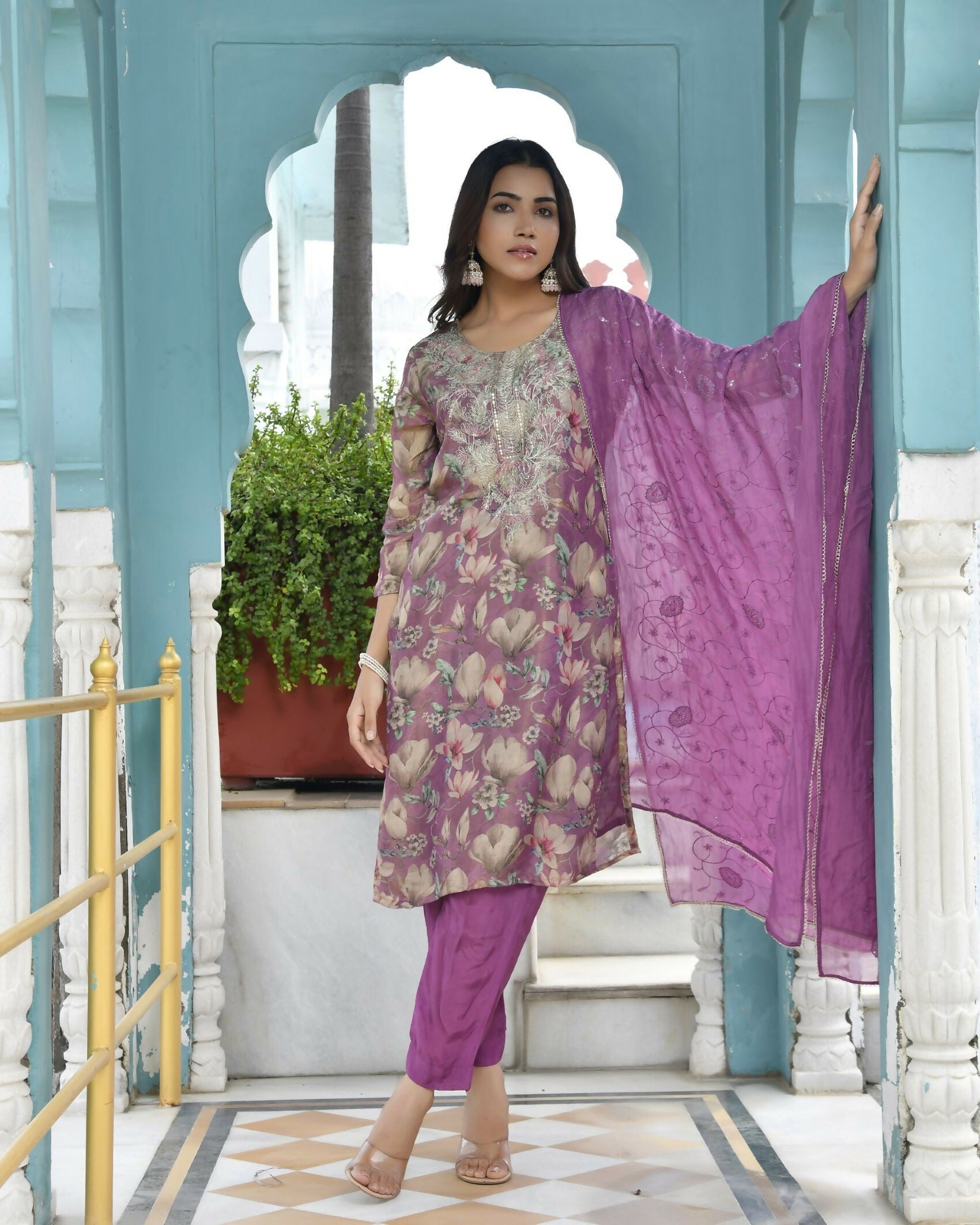 Vaasva Women's Purple Tissue Embroidered Suit Set With Solid Pant And Embroidered Dupatta | Swadesiicart