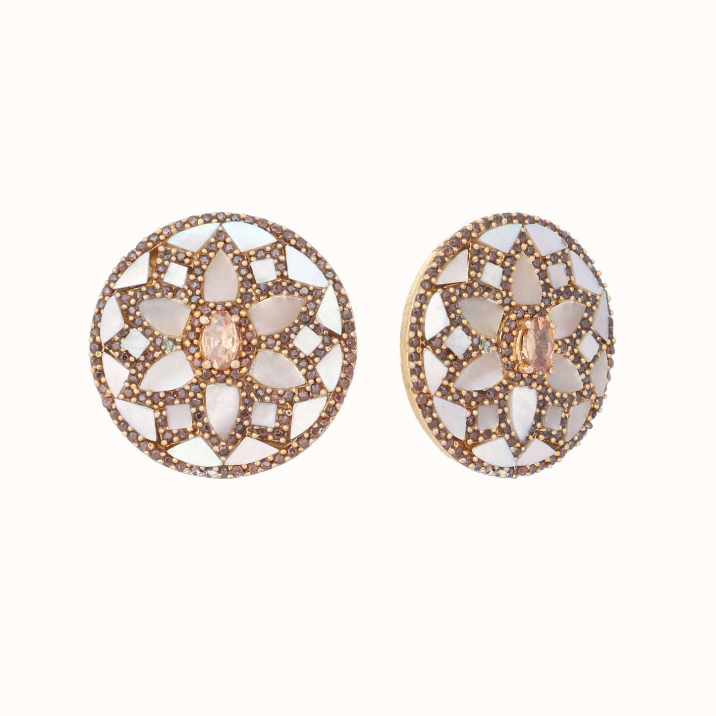 Nuyug 22K Gold Plated Mother of Pearls and Stone Studded Contemporary Floral Shaped Studs | Swadesiicart