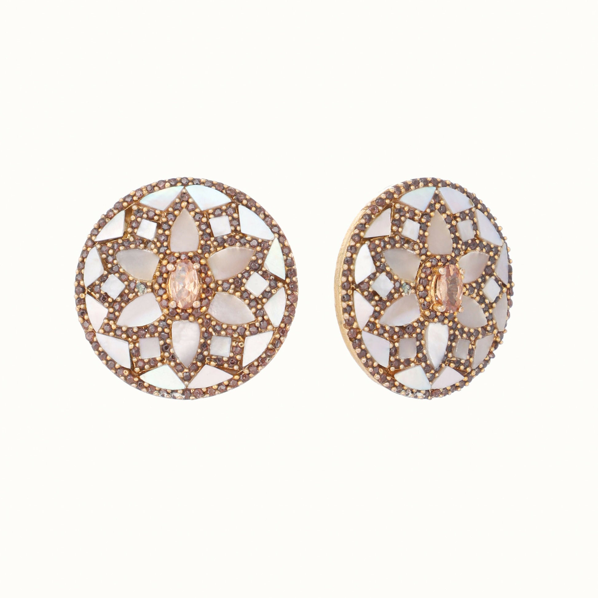 Nuyug 22K Gold Plated Mother of Pearls and Stone Studded Contemporary Floral Shaped Studs | Swadesiicart