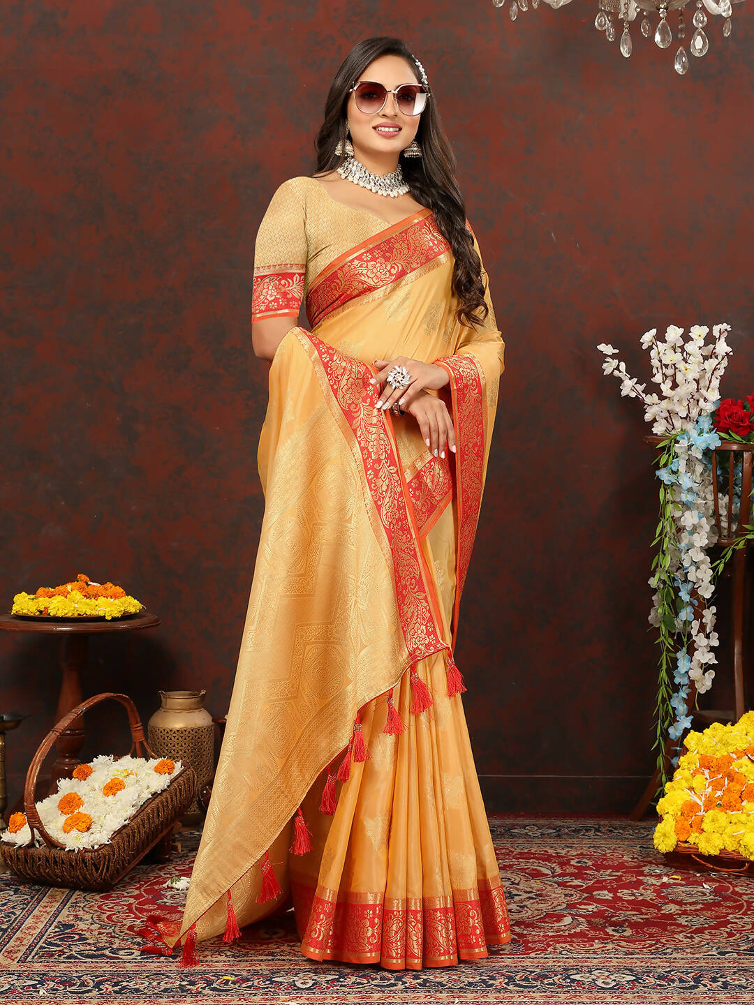 Lorenvalley Fashion Gold Cotton Woven Design with Zari Weaving Design Saree - Swadesiicart