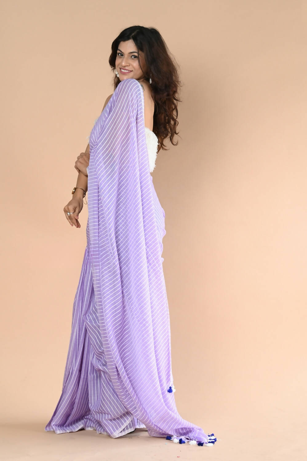 Very Much Indian Designer Pure Cotton Saree With All Over Linear Stripes - Lavender | Swadesiicart