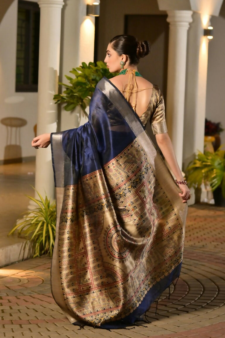 Vishnu Weaves Women's Blue Soft Tussar Silk Printed Saree with Blouse - Swadesiicart