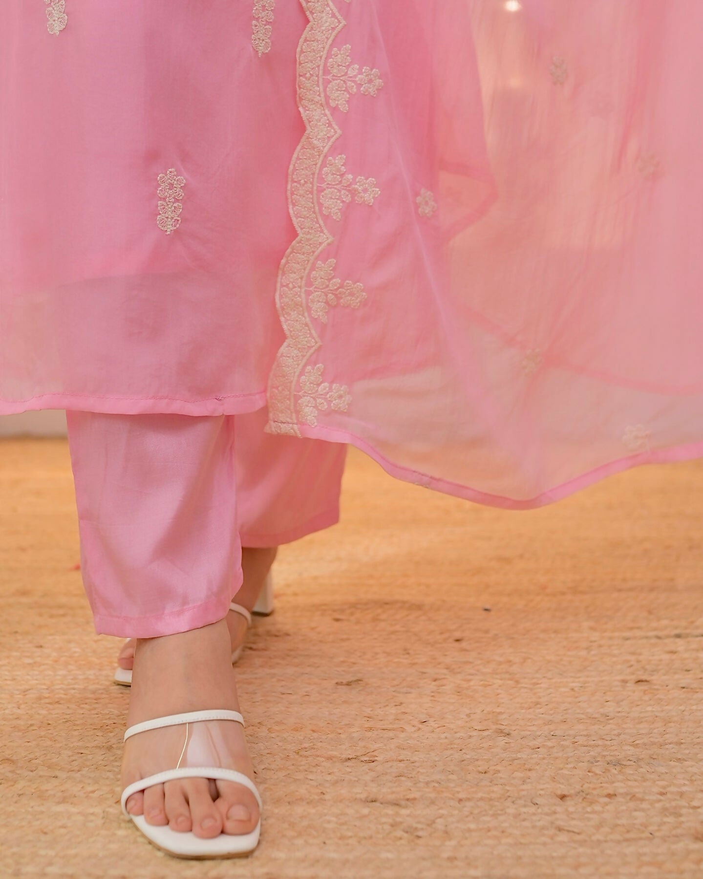The52 Pink Women's Beautiful Chikankari Work Chanderi Fabric Straight Kurta Pant and Dupatta Set - Swadesiicart