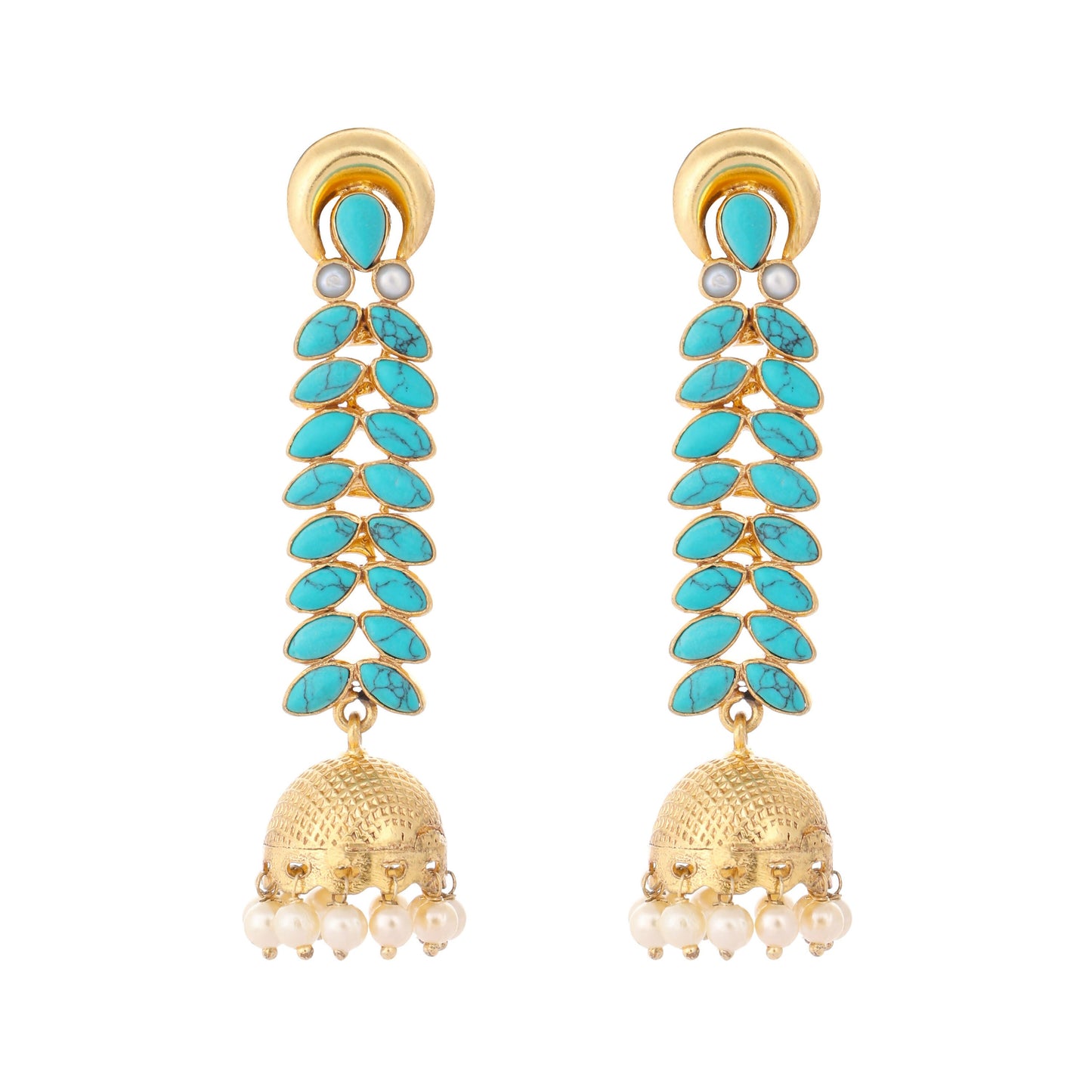 Nuyug 22K Gold Plated Pearl & Turquoise Stone Studded Contemporary Shaped Jhumkas | Swadesiicart