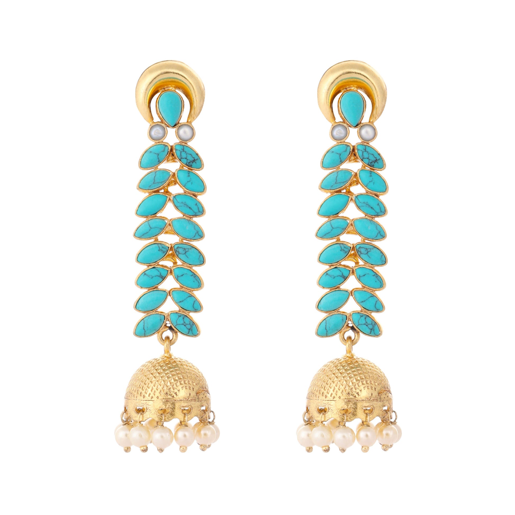 Nuyug 22K Gold Plated Pearl & Turquoise Stone Studded Contemporary Shaped Jhumkas | Swadesiicart