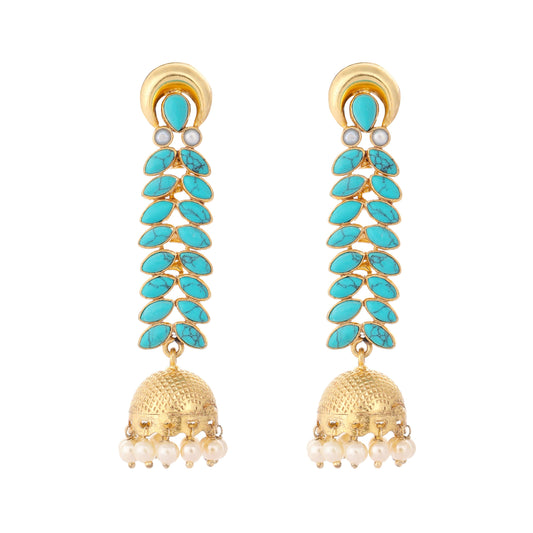Nuyug 22K Gold Plated Pearl & Turquoise Stone Studded Contemporary Shaped Jhumkas | Swadesiicart